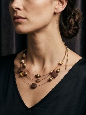 Vintage Floating Bead Multi Strand Necklace Wood Mother of Pearl Gold Tone 8"